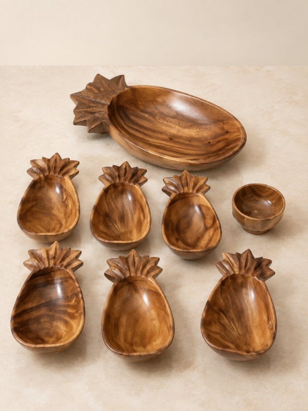 Vintage 1960s Monkey Pod Wood Pineapple Salad Bowl Set 9 Pc Philippines